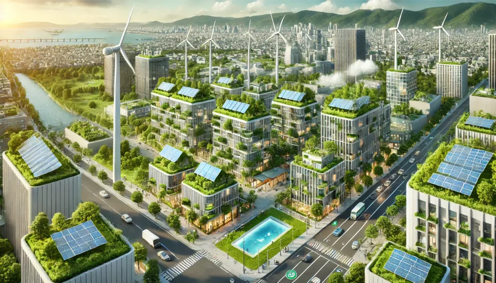 a city with buildings and windmills